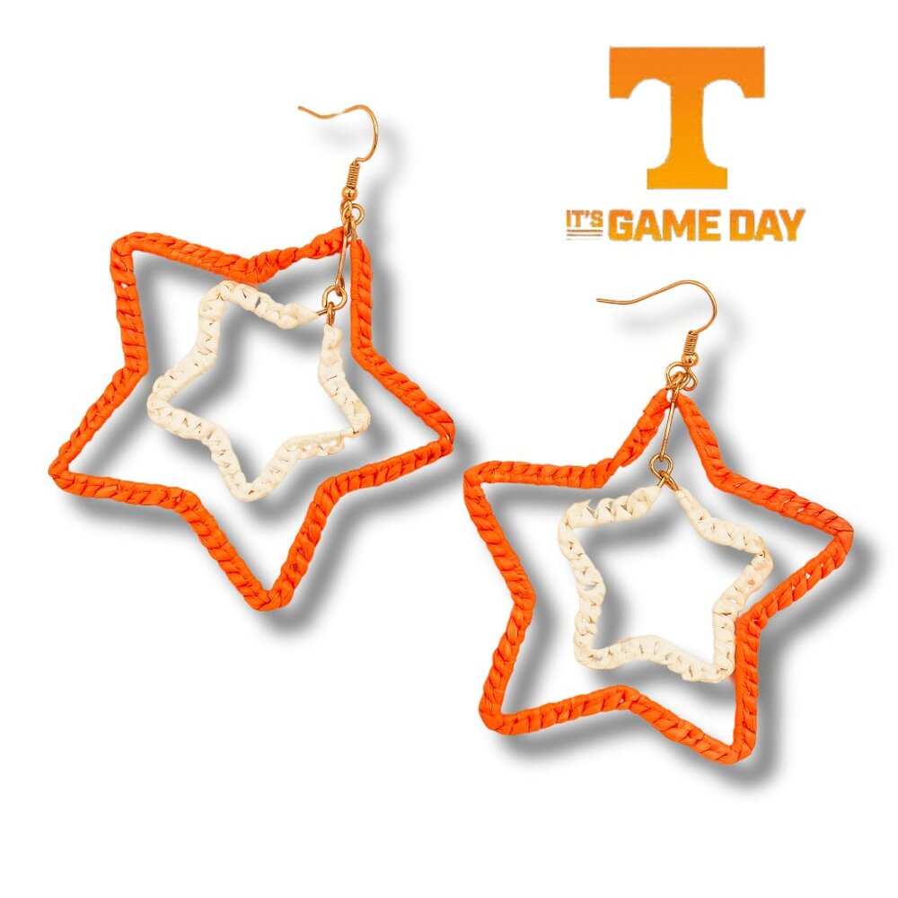 University of Tennessee VOLS Football Gameday Orange White Raffia STAR Earrings